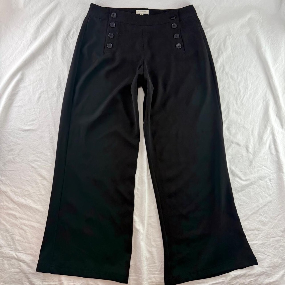 Max Studio Wide Leg Sailor Pants Black Buttons Womens 8 Nautical Retro